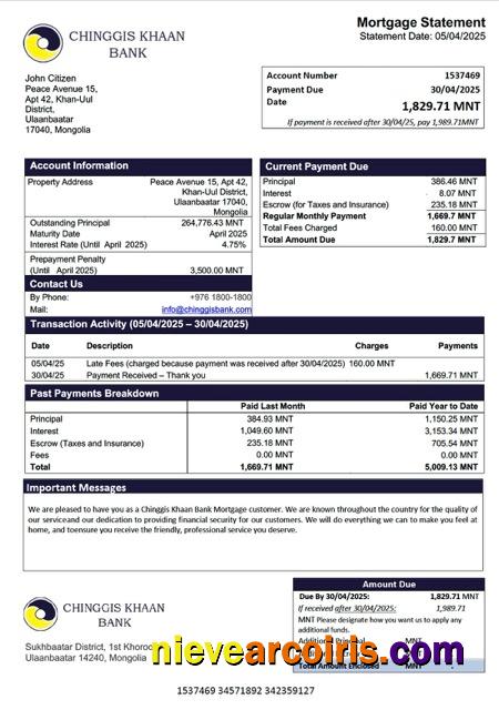 Mongolia Chinggis Khaan Bank mortgage statement Word and PDF template